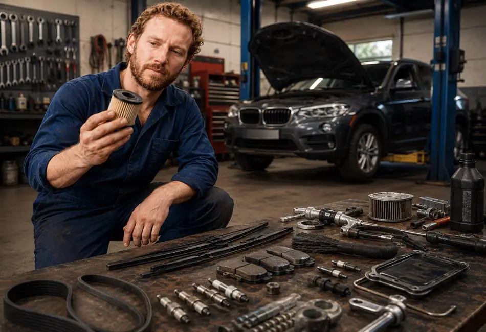 Mechanic performing routine under-hood car maintenance in a home garage